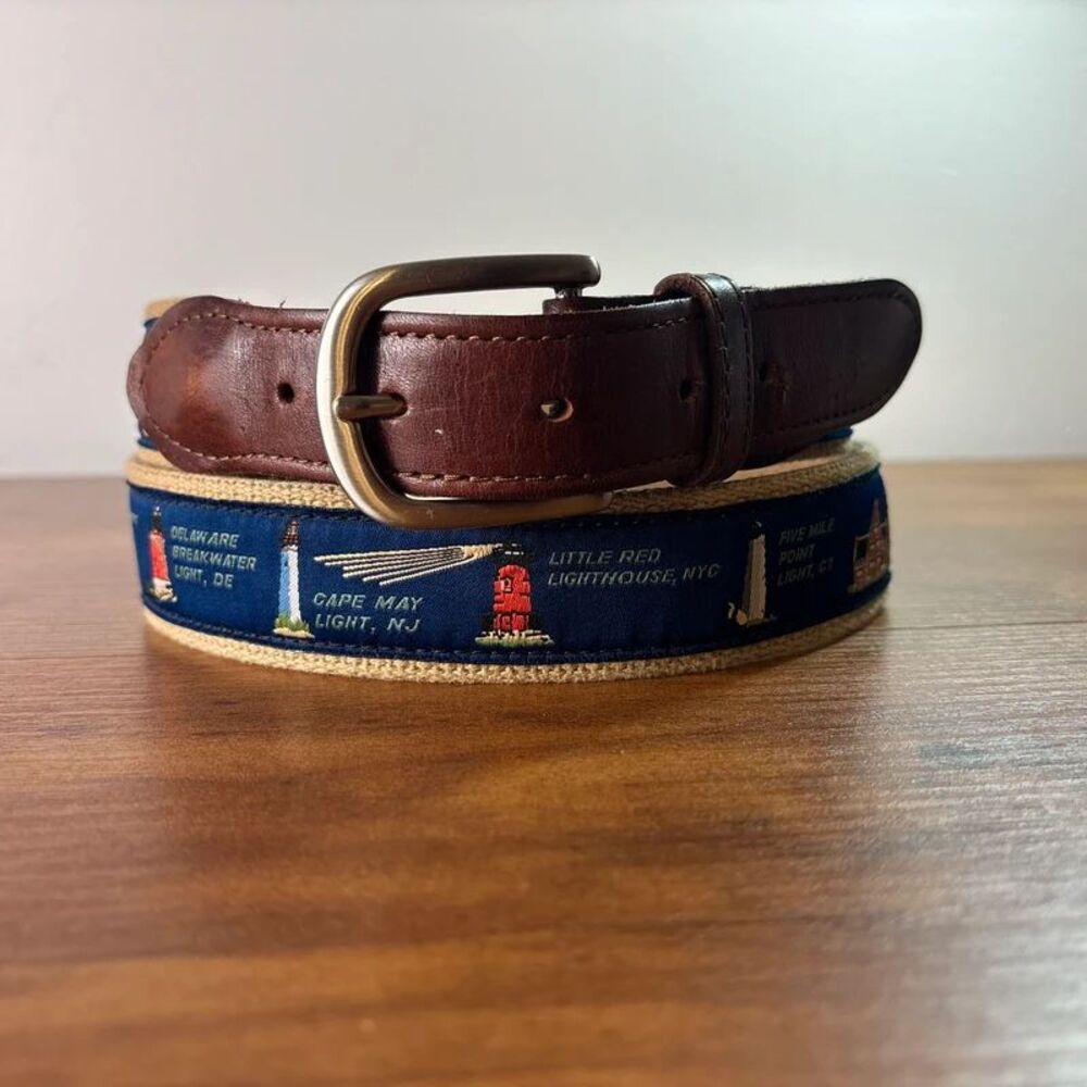 Belted Cow Mens East Coast Lights Belt Size 40 Lighthouses Coastal Preppy